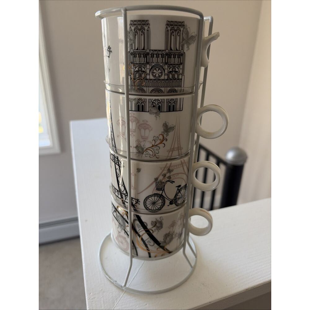 Stackable Coffee Mug Set Of 4 Metal Rack Nouveau Plan Paris Eiffel Tower